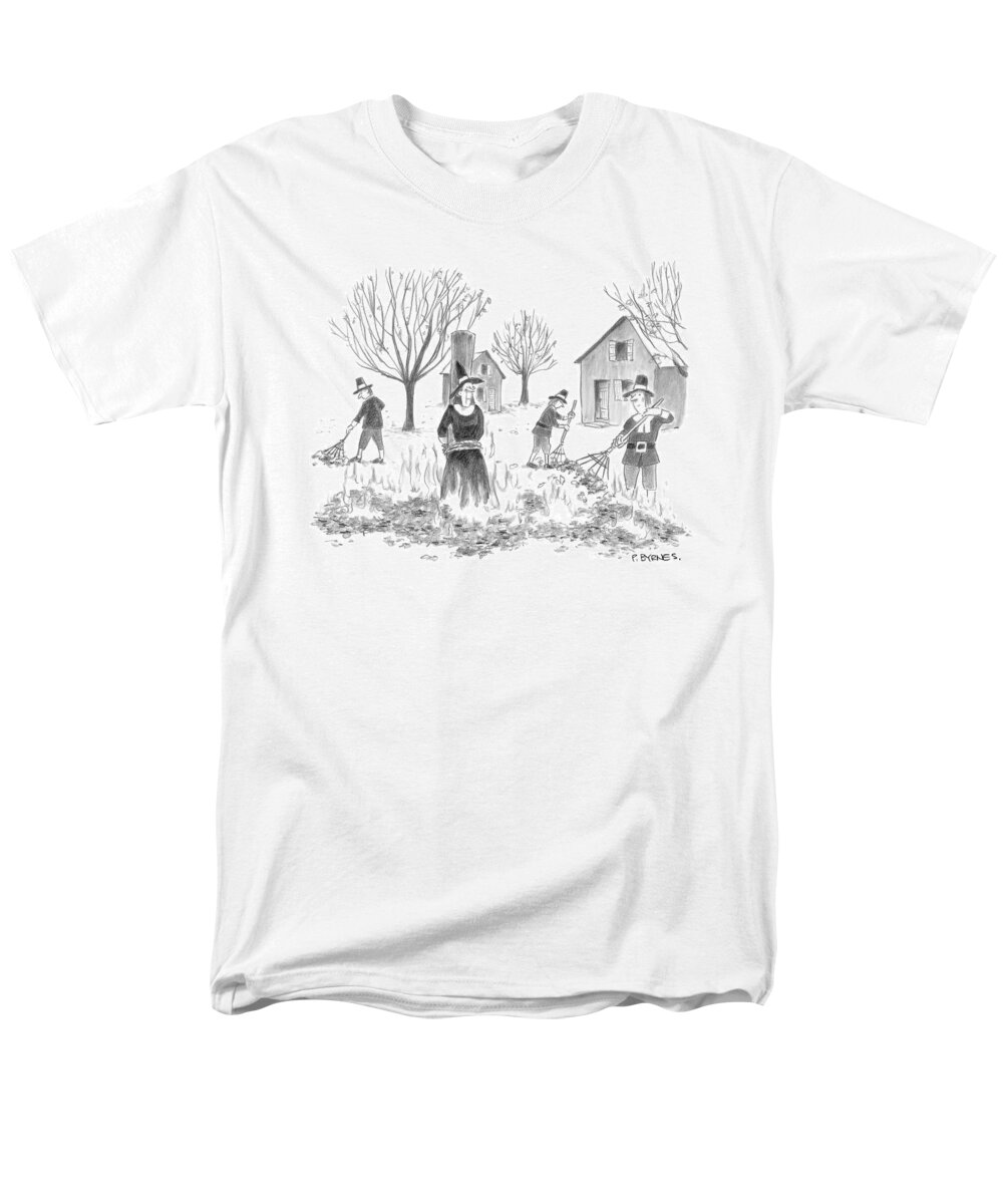 Death Witch Witchcraft Burn Salem American History Autumn Fall 

(pilgrims Burning Pile Of Leaves With A Witch In The Center.) 121628 Pby Pat Byrnes Men's T-Shirt (Regular Fit) featuring the drawing New Yorker November 28th, 2005 by Pat Byrnes