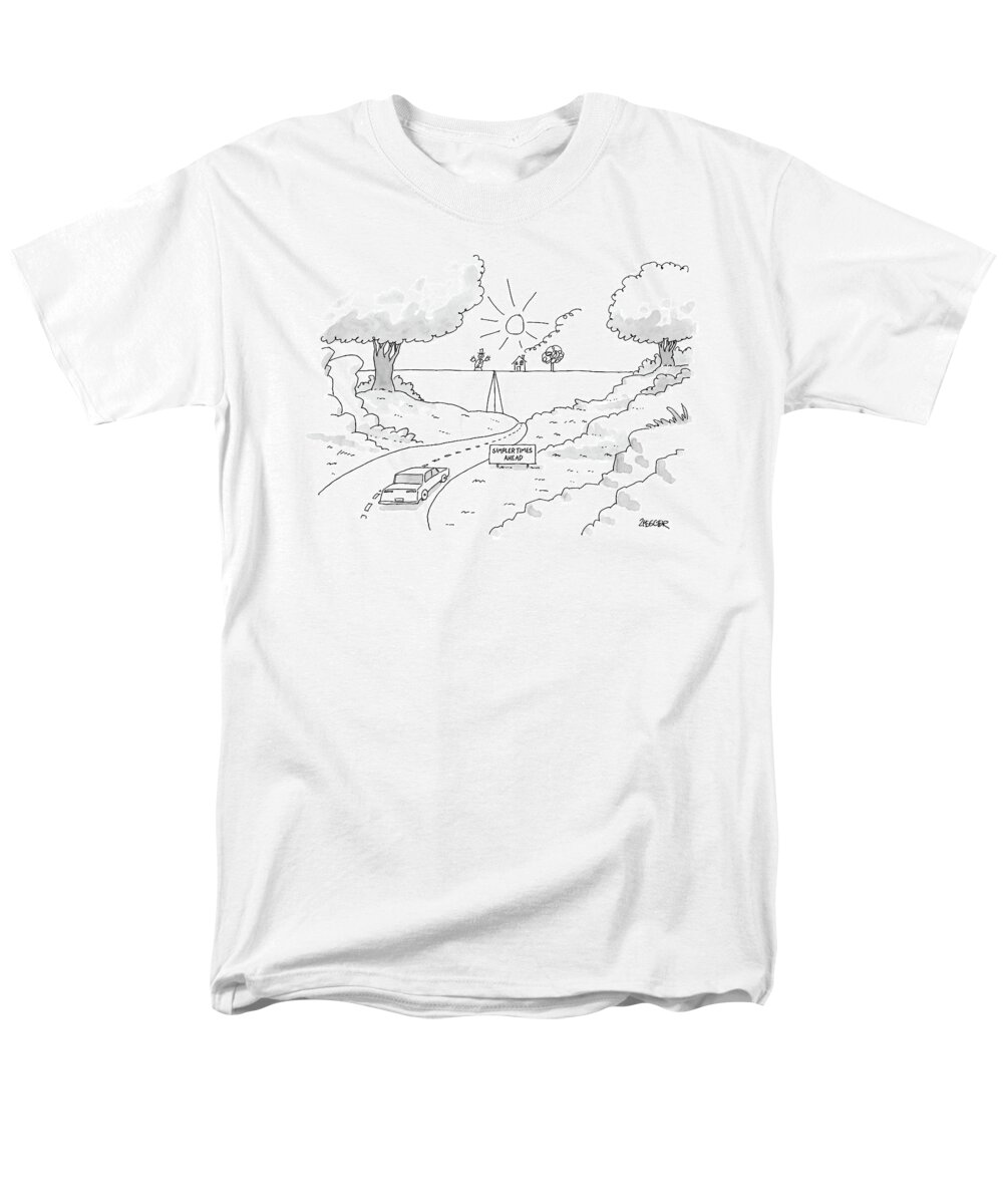 Car Men's T-Shirt (Regular Fit) featuring the drawing A Car On A Winding Road Heads For A Straight Road by Jack Ziegler