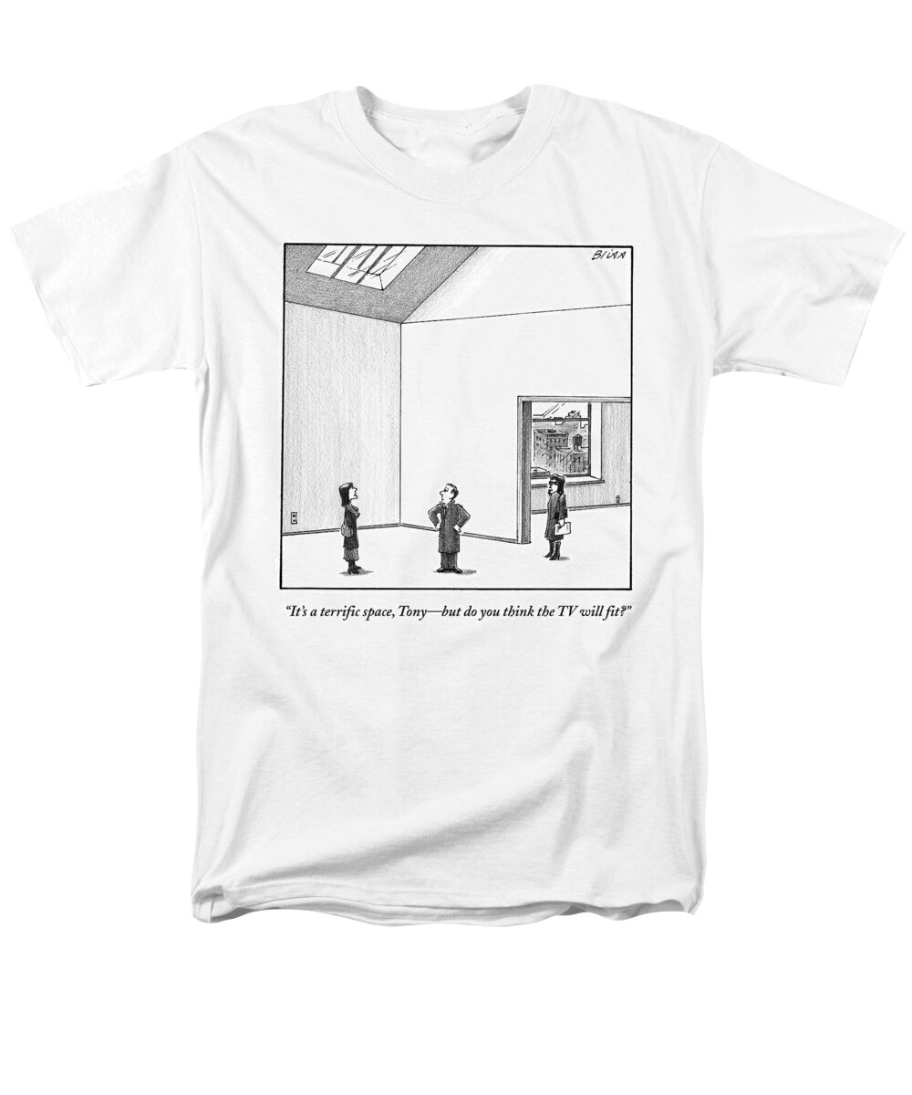 Tvs Men's T-Shirt (Regular Fit) featuring the drawing A Couple Looks At A Huge Apartment With A Real by Harry Bliss