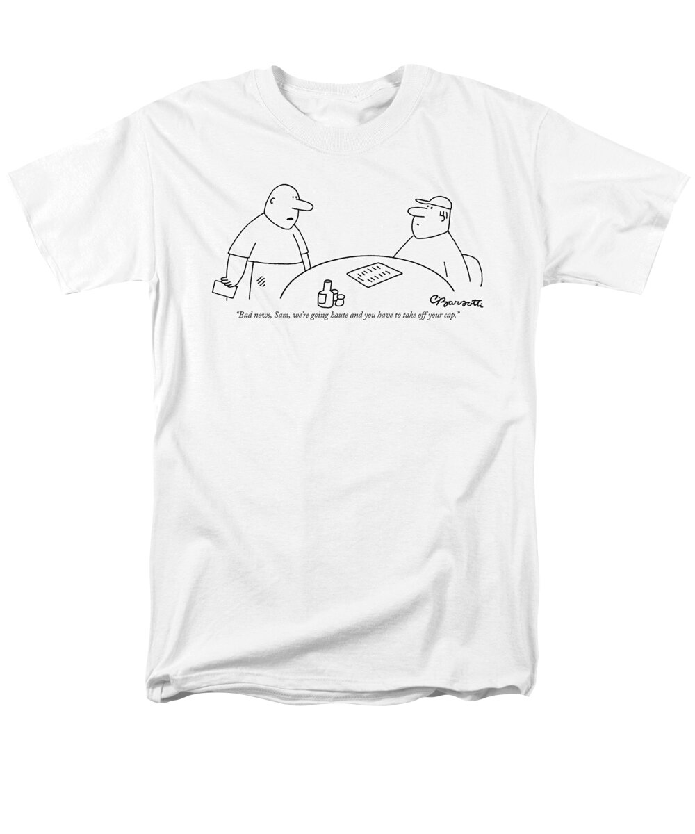 Restaurants Men's T-Shirt (Regular Fit) featuring the drawing A Deli Clerk Is Seen Speaking With A Customer by Charles Barsotti
