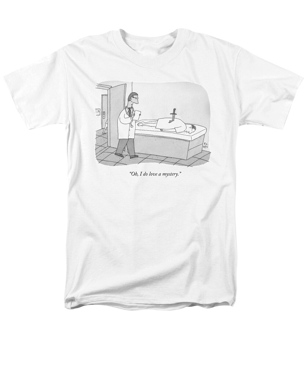 Knife In Back Men's T-Shirt (Regular Fit) featuring the drawing A Doctor Enters An Examination Room Where by Peter C. Vey