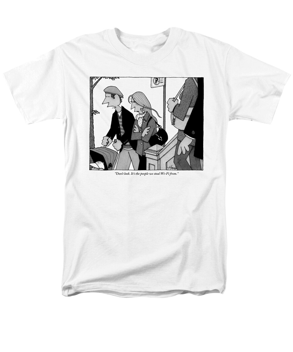 Steal Men's T-Shirt (Regular Fit) featuring the drawing A Family Walks By Another Family And Avoids Them by William Haefeli
