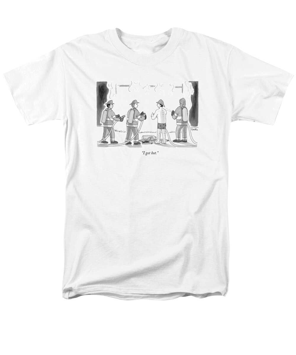 Fireman Men's T-Shirt (Regular Fit) featuring the drawing A Fireman In His Boxers Talks To His Colleagues by Charlie Hankin