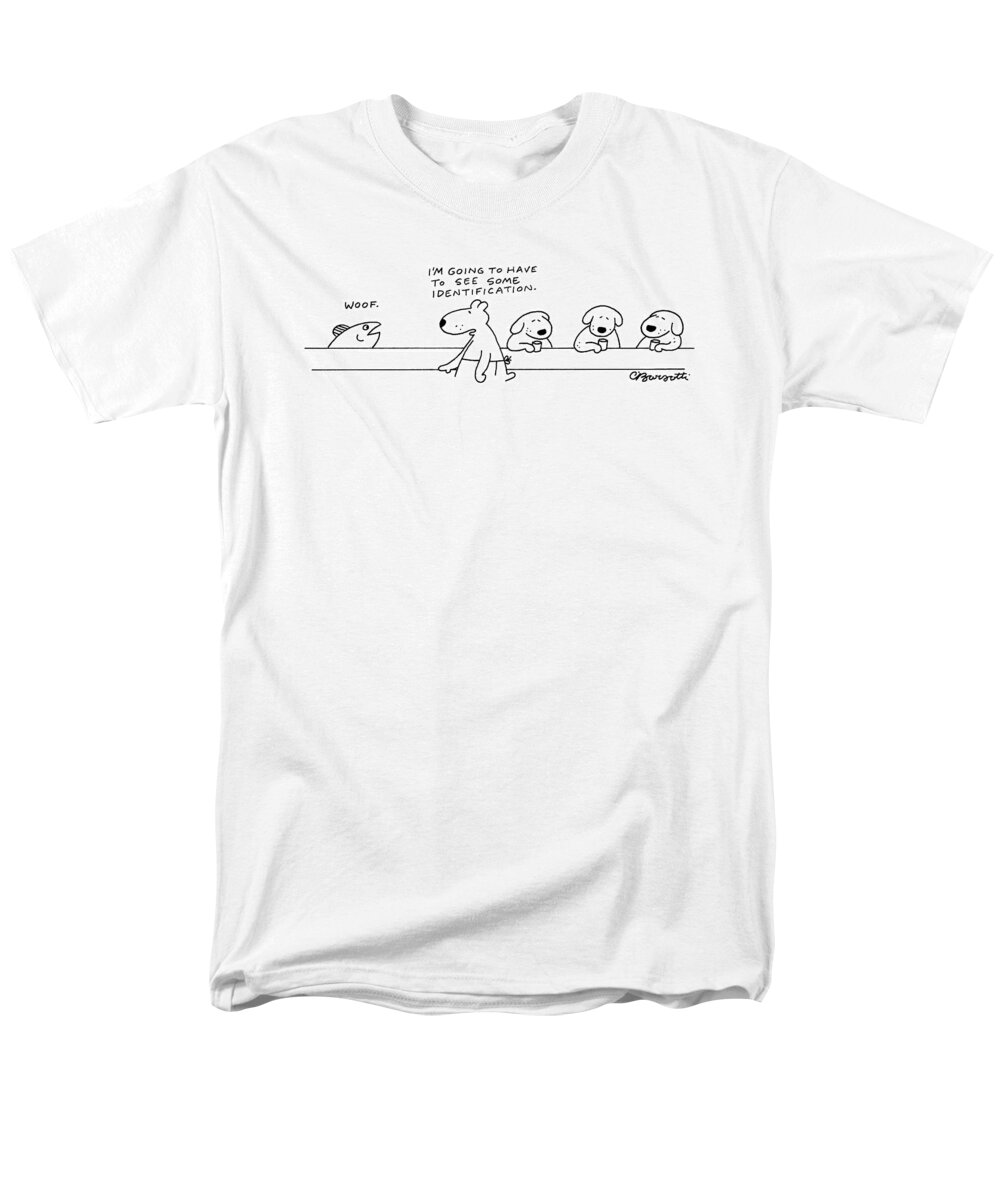 Captionless Bar Men's T-Shirt (Regular Fit) featuring the drawing A Fish At A Dog Bar Says by Charles Barsotti