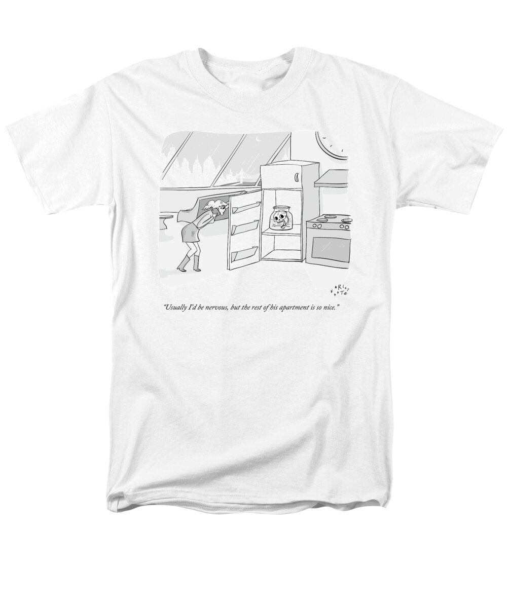 Date Men's T-Shirt (Regular Fit) featuring the drawing A Girl Who Is Talking On The Phone Opens A Fridge by Farley Katz