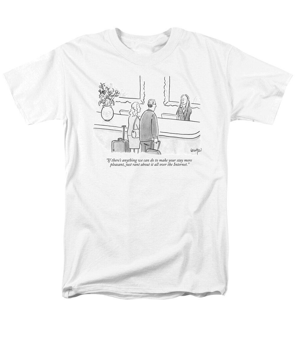 Hotels Men's T-Shirt (Regular Fit) featuring the drawing A Hotel Receptionist Welcomes A Couple At A Check by Robert Leighton