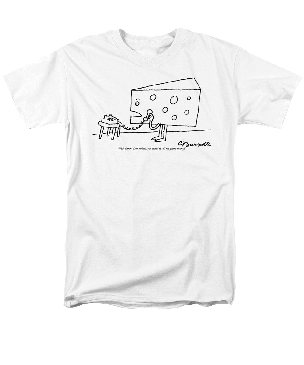 Cheese Men's T-Shirt (Regular Fit) featuring the drawing A Large Piece Of Swiss Cheese Talks by Charles Barsotti
