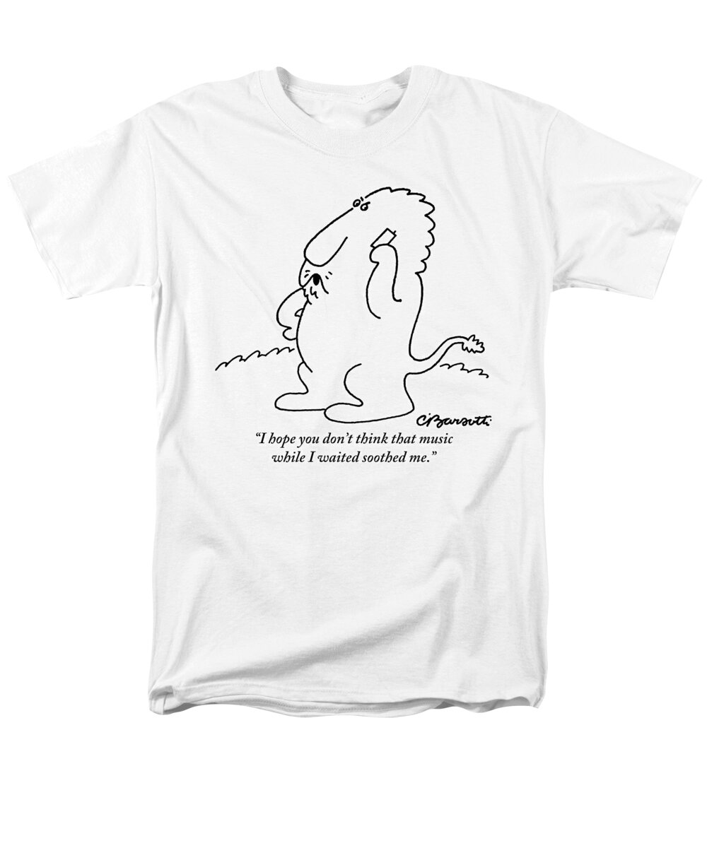 Lions Men's T-Shirt (Regular Fit) featuring the drawing A Lion Is Seen Talking On A Cellphone by Charles Barsotti