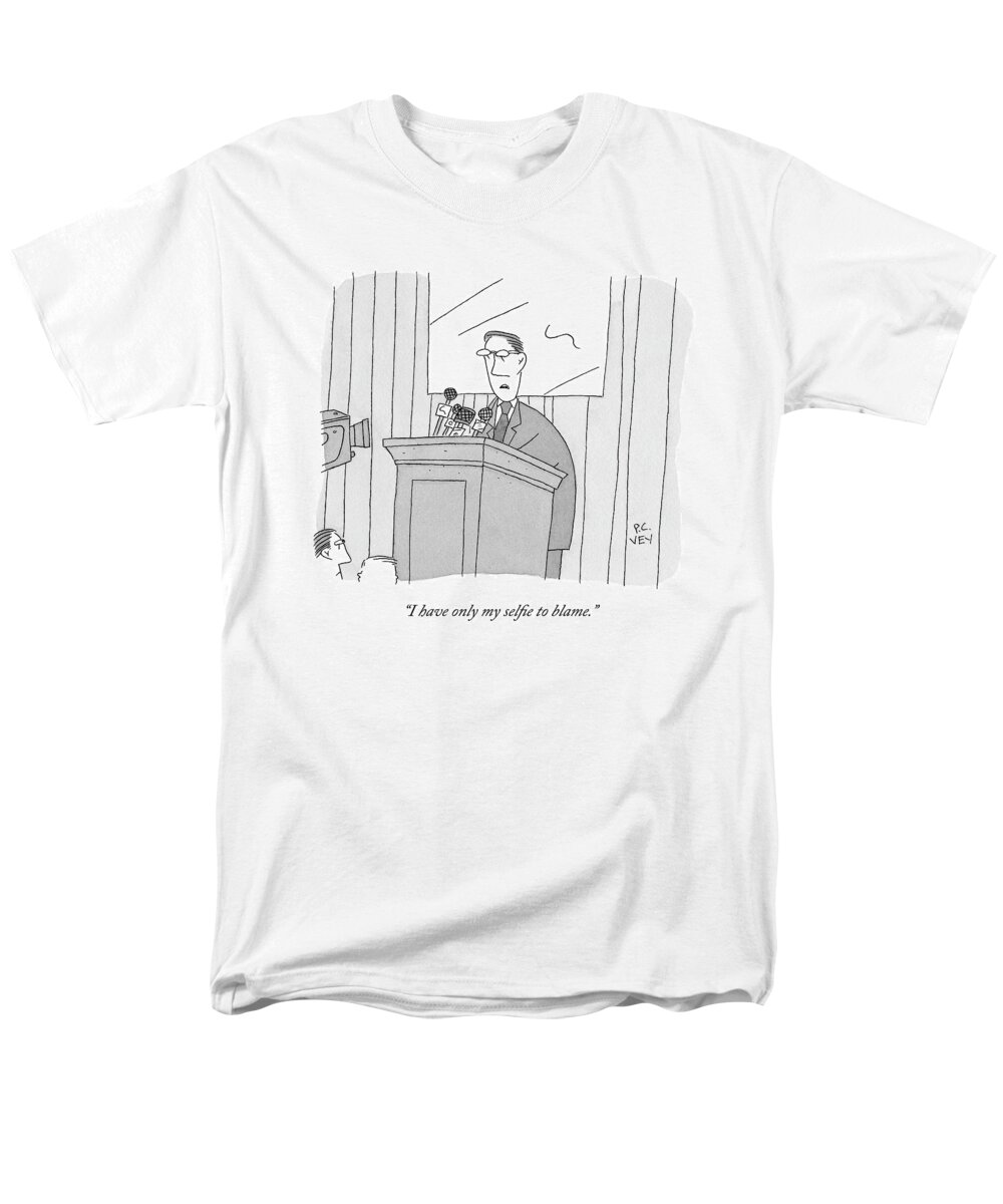Politics Men's T-Shirt (Regular Fit) featuring the drawing A Male Politician Speaks At A Press Conference by Peter C. Vey