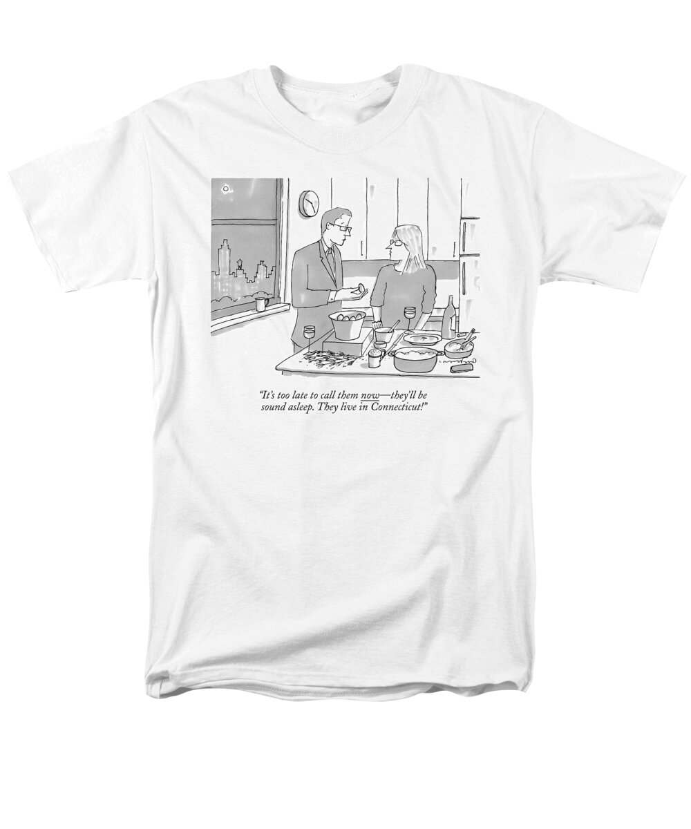New York Men's T-Shirt (Regular Fit) featuring the drawing A Man And Wife Stand In The Kitchen by Michael Crawford