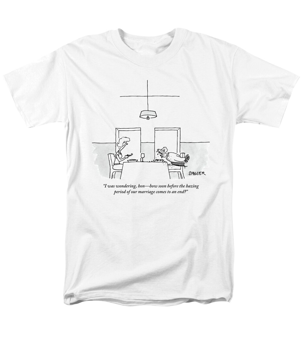 Hazing Men's T-Shirt (Regular Fit) featuring the drawing A Man And Woman Eat Dinner. The Man's Hands by Jack Ziegler