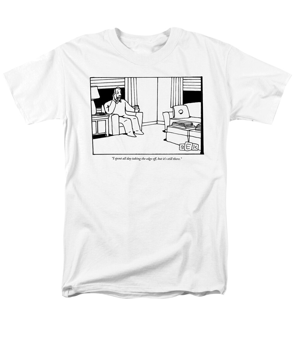 Drink Men's T-Shirt (Regular Fit) featuring the drawing A Man, Holding A Glass Of Wine, Sitting In An by Bruce Eric Kaplan