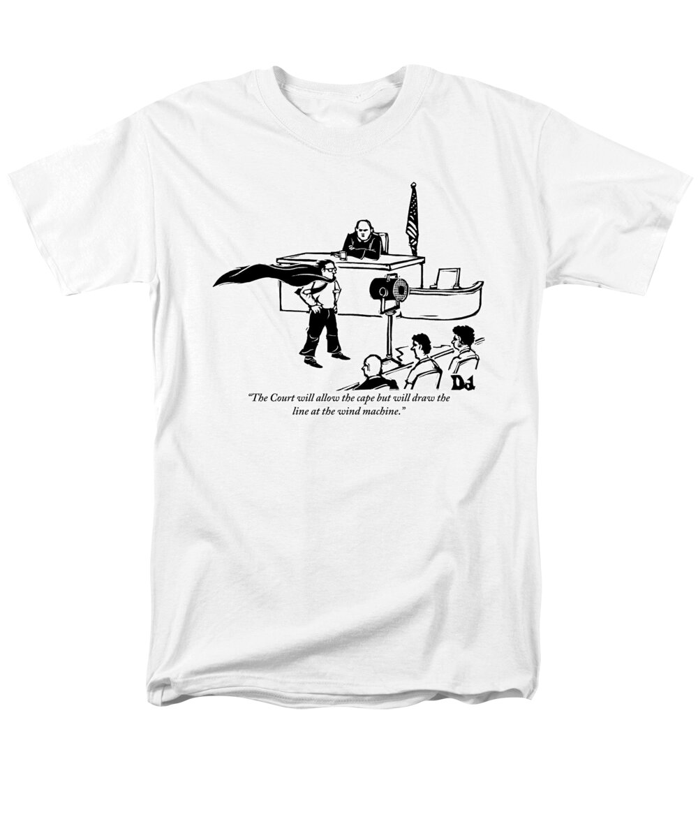 Law Men's T-Shirt (Regular Fit) featuring the drawing A Man Is Seen Wearing A Cape Next To A Wind by Drew Dernavich