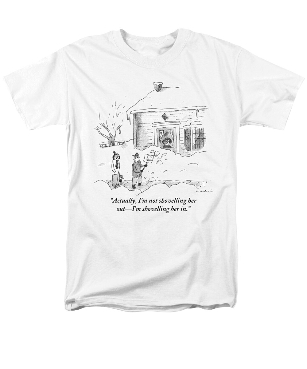 Snow Men's T-Shirt (Regular Fit) featuring the drawing A Man Shoveling Snow Addresses A Person by Michael Maslin