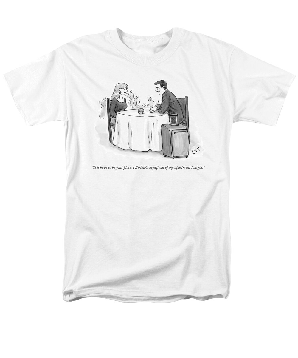 Air B N' B Men's T-Shirt (Regular Fit) featuring the drawing A Man Speaks To A Woman On A Date At A Restaurant by Carolita Johnson