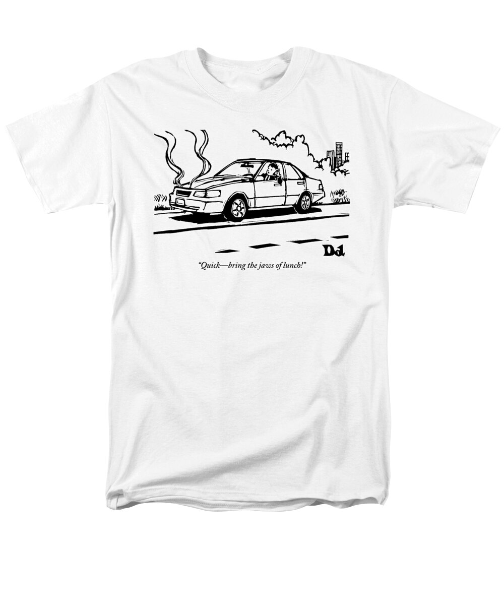 Jaws Of Life Men's T-Shirt (Regular Fit) featuring the drawing A Man Talks On His Cellphone In A Broken Down Car by Drew Dernavich