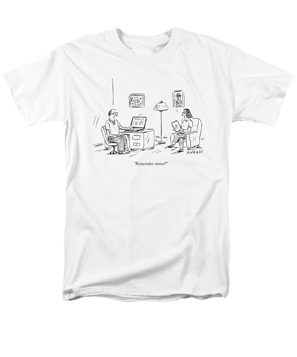 Amazon Men's T-Shirt (Regular Fit) featuring the drawing A Man Using A Computer Speaks To A Woman Who by David Sipress
