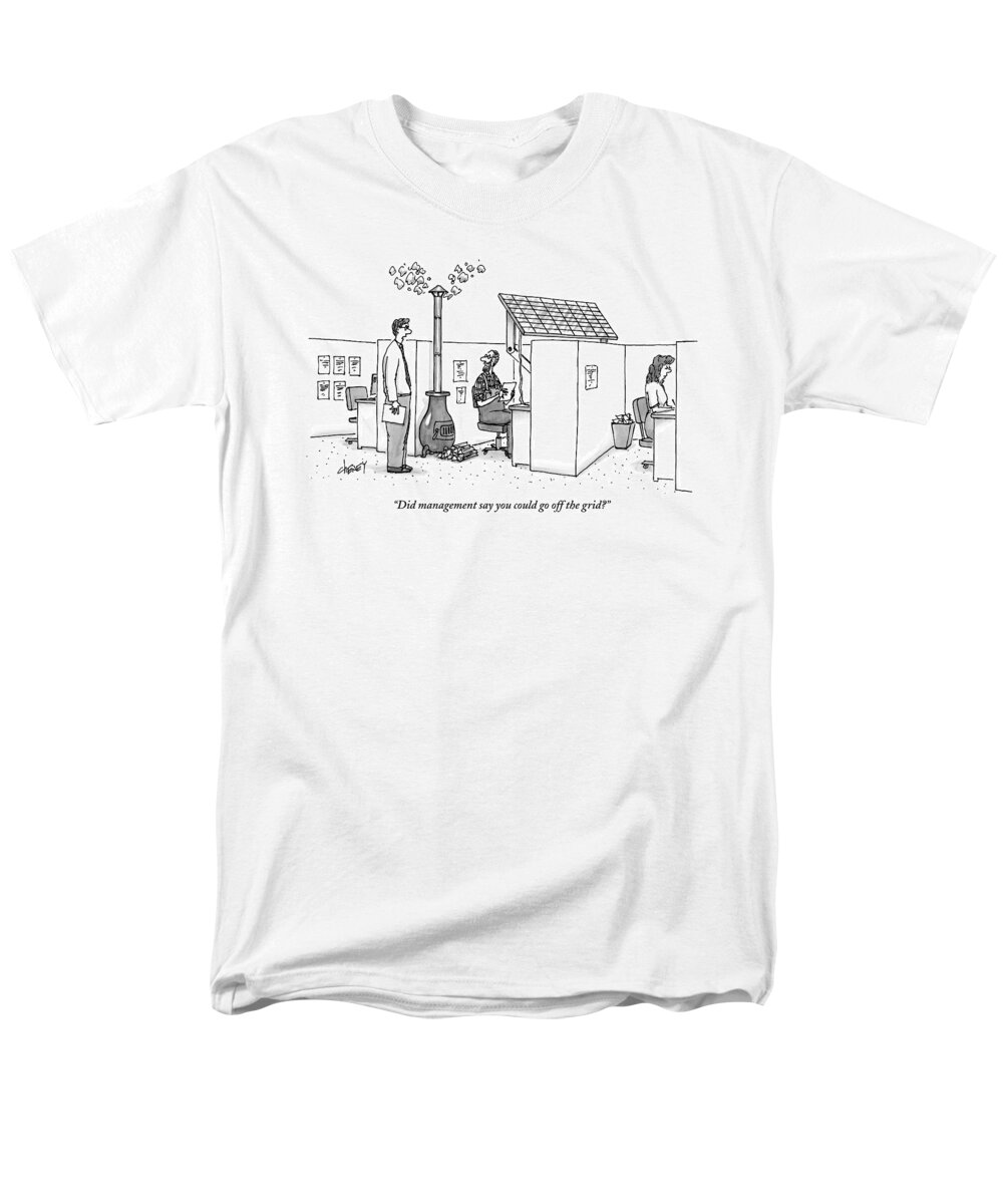 Solar Energy Men's T-Shirt (Regular Fit) featuring the drawing A Man Wearing Overalls Has A Solar Panel Hooked by Tom Cheney