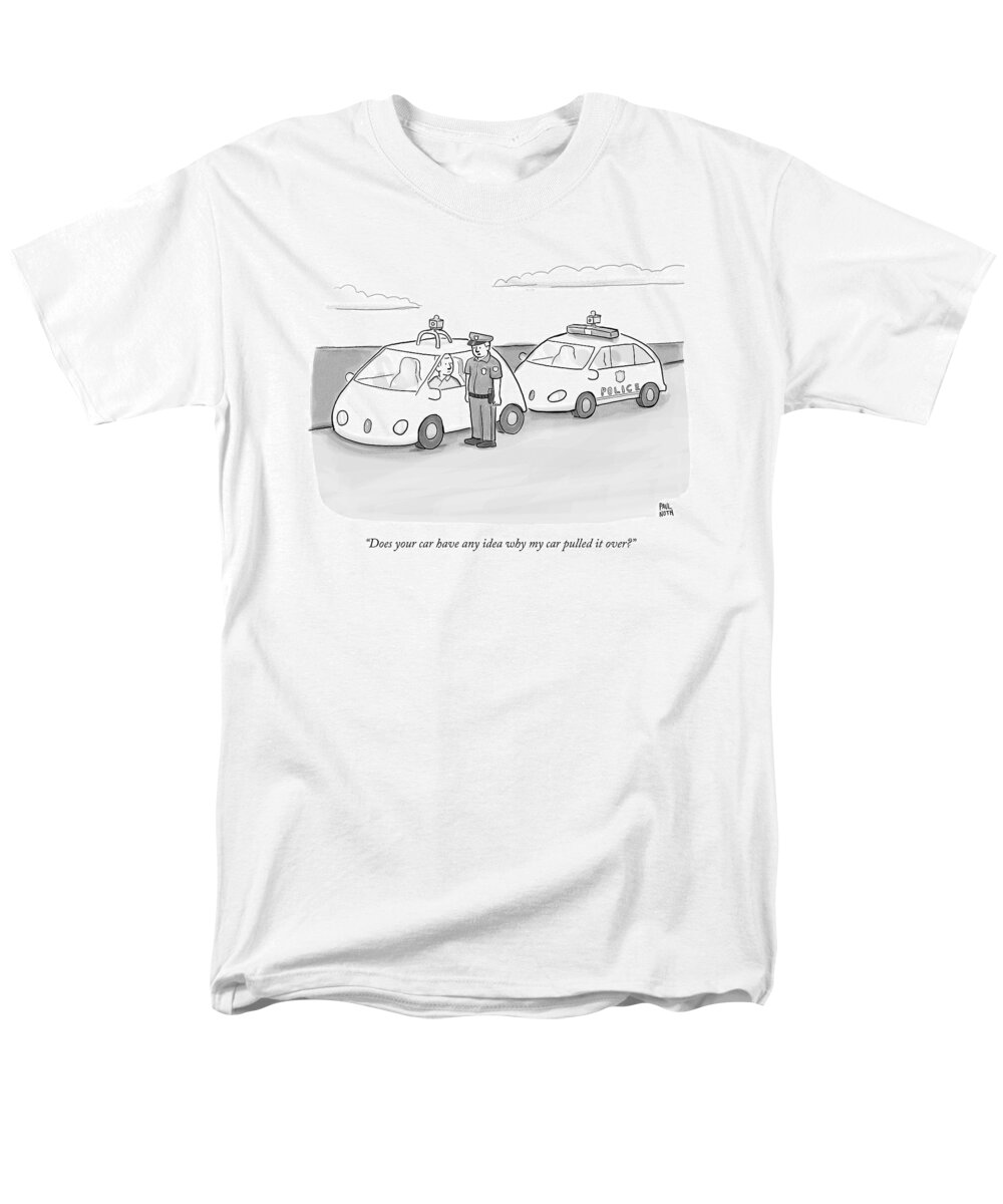 Smart Car Men's T-Shirt (Regular Fit) featuring the drawing A Police Officer In A Futuristic Smart-car Pulls by Paul Noth