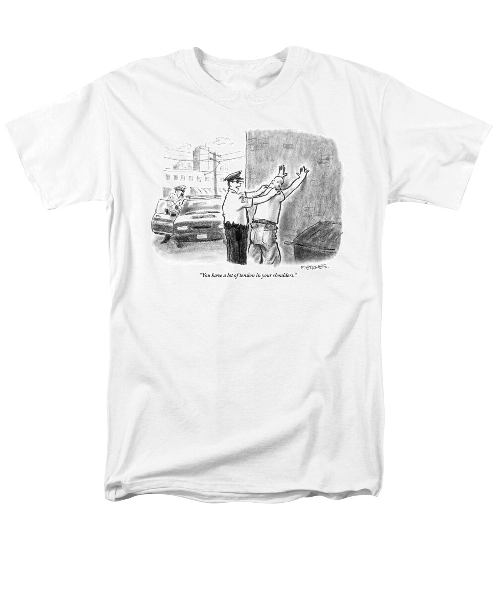Massage Men's T-Shirt (Regular Fit) featuring the drawing A Policeman Talks To A Man He Is Frisking Or by Pat Byrnes