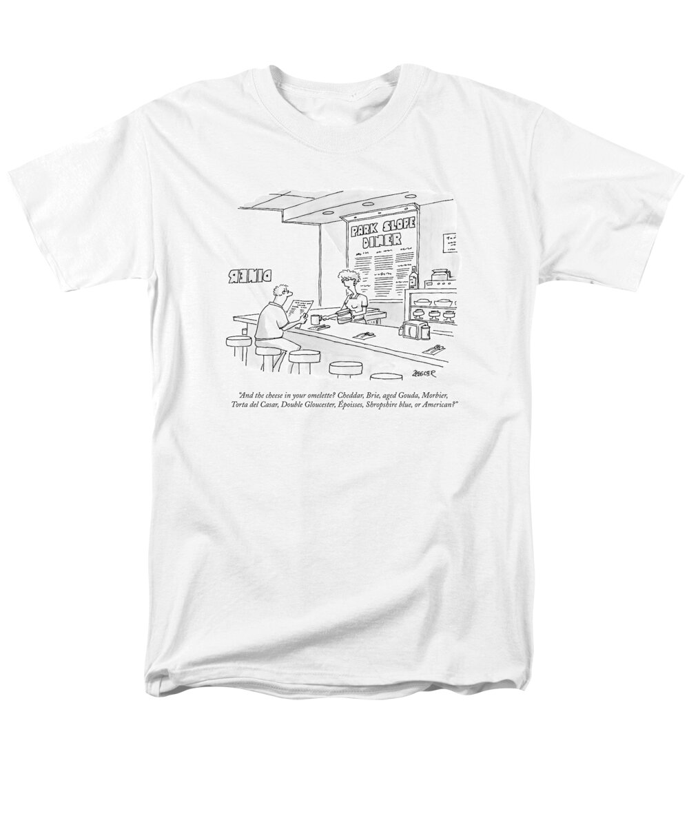 Omelet Men's T-Shirt (Regular Fit) featuring the drawing A Waitress Takes A Man's Order In A Diner by Jack Ziegler