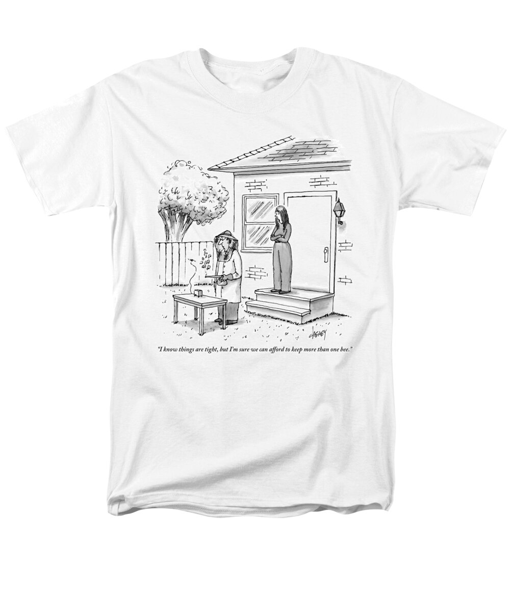 Bees Men's T-Shirt (Regular Fit) featuring the drawing A Wife Talks To Her Beekeeper Husband Who by Tom Cheney
