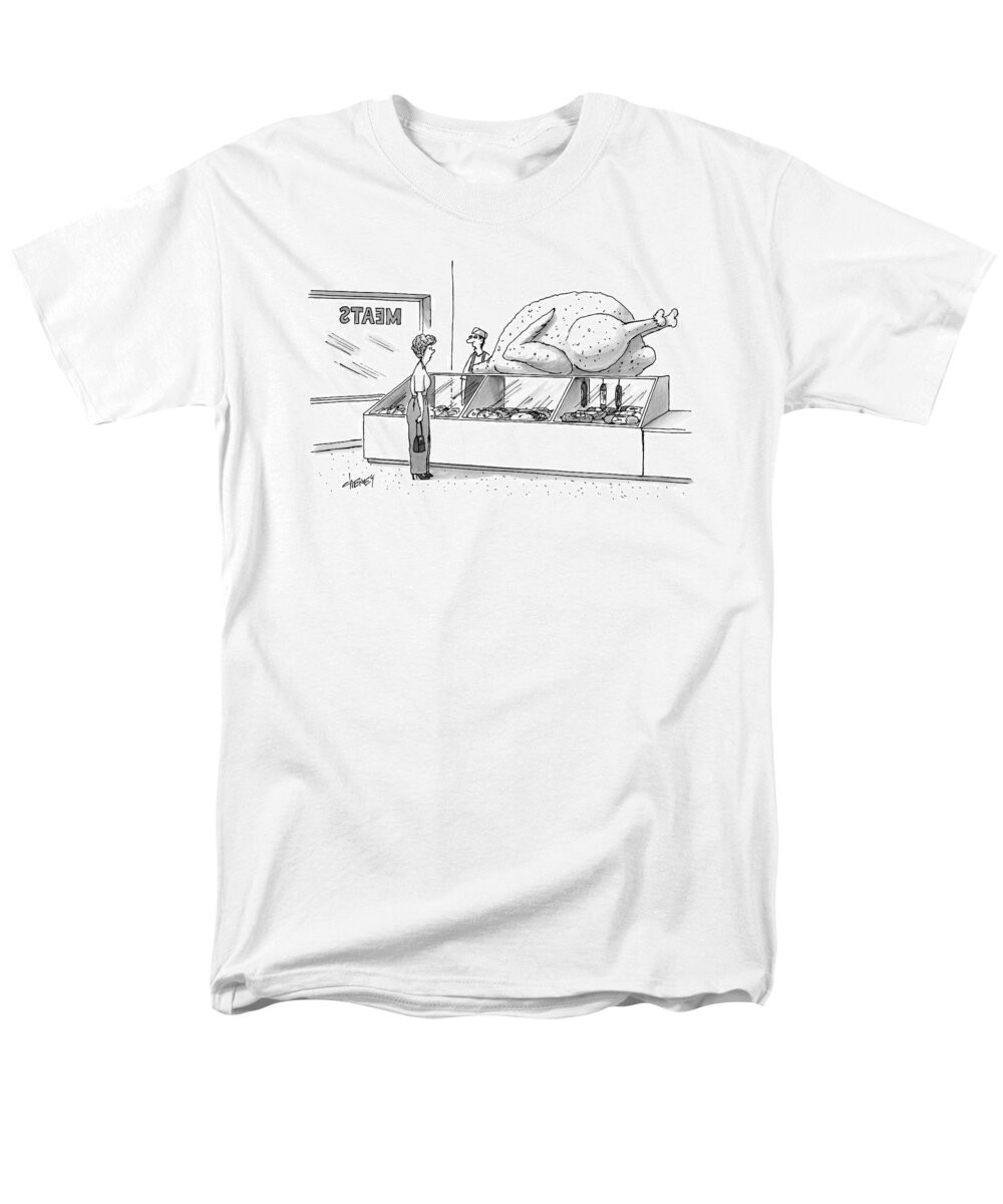 Cctk Men's T-Shirt (Regular Fit) featuring the drawing A Woman In A Butcher Shop Stares At A Gigantic by Tom Cheney