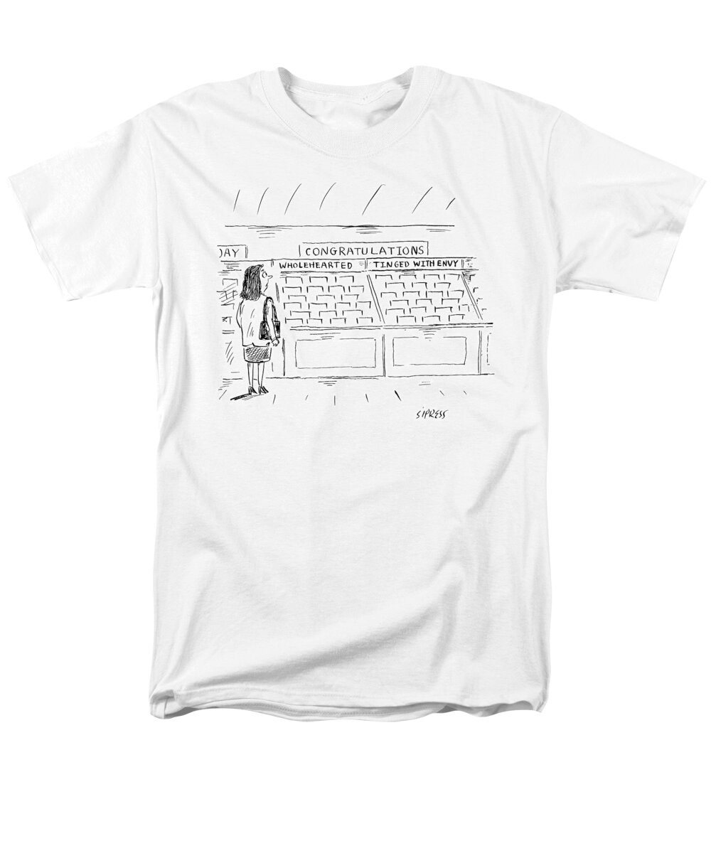 Congratulations Men's T-Shirt (Regular Fit) featuring the drawing A Woman In A Greeting Card Aisle Looks At Two by David Sipress