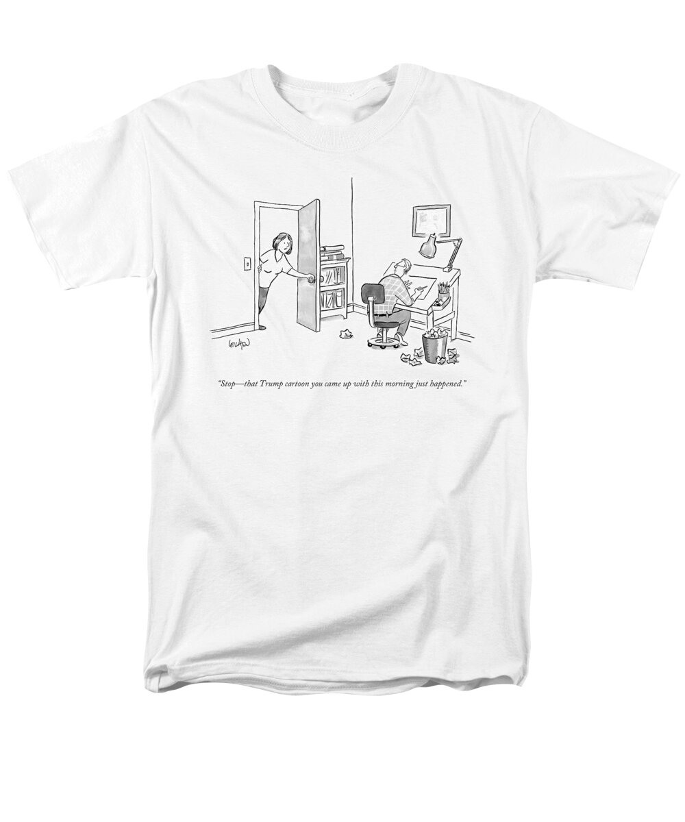 Cartoonist Men's T-Shirt (Regular Fit) featuring the drawing A Woman Interrupting A Cartoonist Working by Robert Leighton