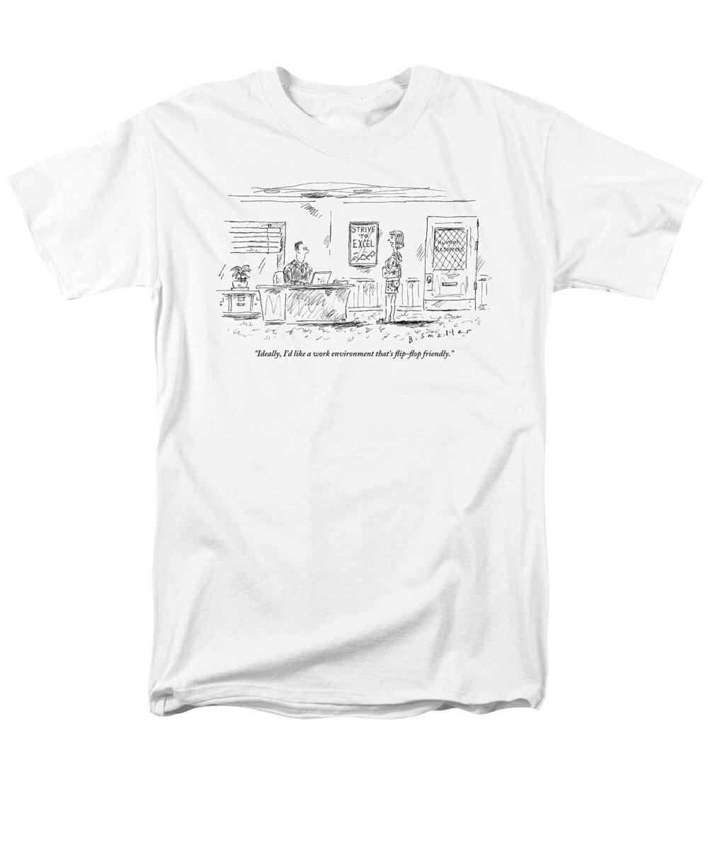Sandals Men's T-Shirt (Regular Fit) featuring the drawing A Woman Is Talking To A Man Seated At A Desk by Barbara Smaller