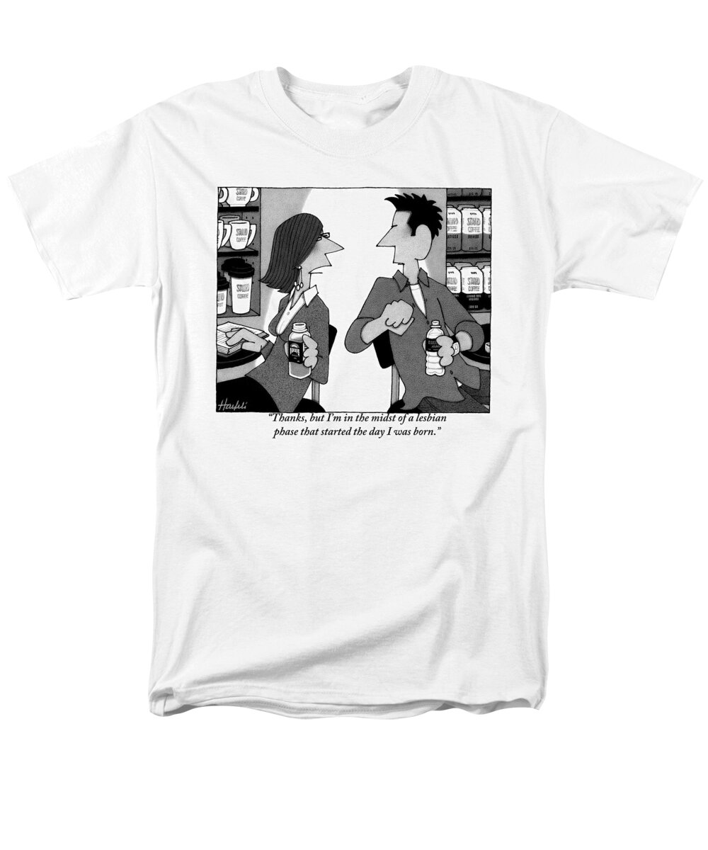 Love Scenes Men's T-Shirt (Regular Fit) featuring the drawing A Woman Sitting At A Coffee Table Turns To A Man by William Haefeli