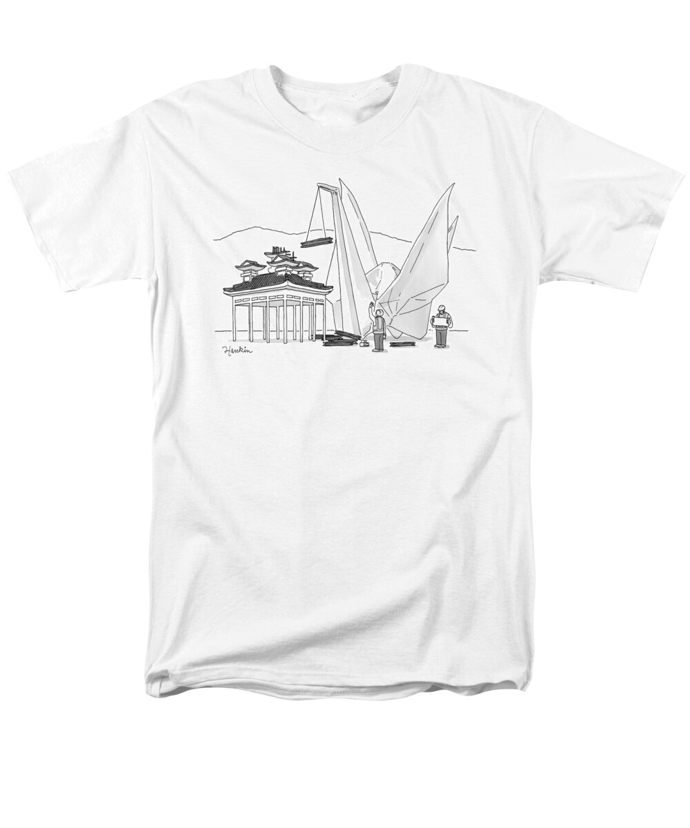 Captionless Men's T-Shirt (Regular Fit) featuring the drawing An Enormous Origami Crane Lifts Wood by Charlie Hankin