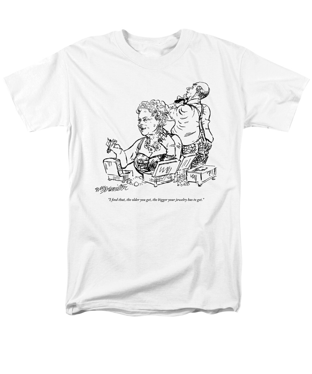 Old Age Men's T-Shirt (Regular Fit) featuring the drawing An Older Rich Woman Tries On Jewelry by William Hamilton