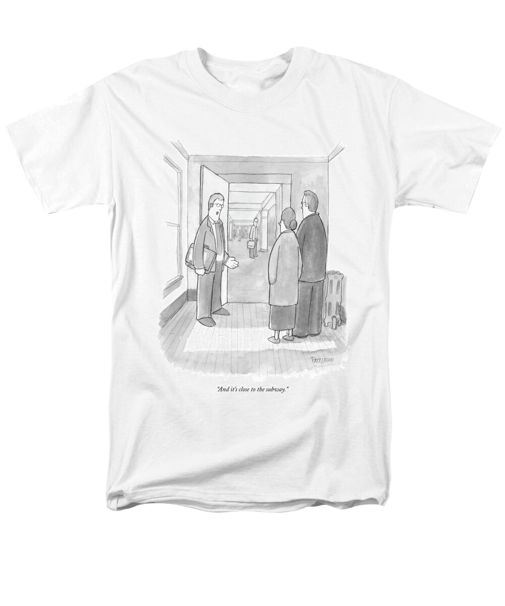 Architecture Interiors Regional New York City Subways 

(real Estate Agent Showing Apartment With Doorway Leading Directly On To The Subway Platform.) 120078 Jpt Jason Patterson Men's T-Shirt (Regular Fit) featuring the drawing And It's Close To The Subway by Jason Patterson