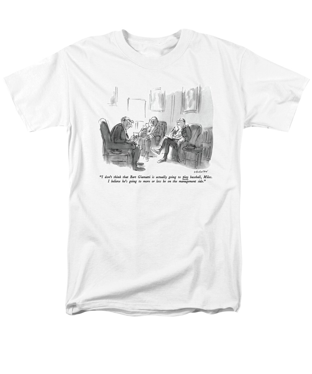 

 Three Men Sit In Club Men's T-Shirt (Regular Fit) featuring the drawing I Don't Think That Bart Giamatti Is Actually by James Stevenson