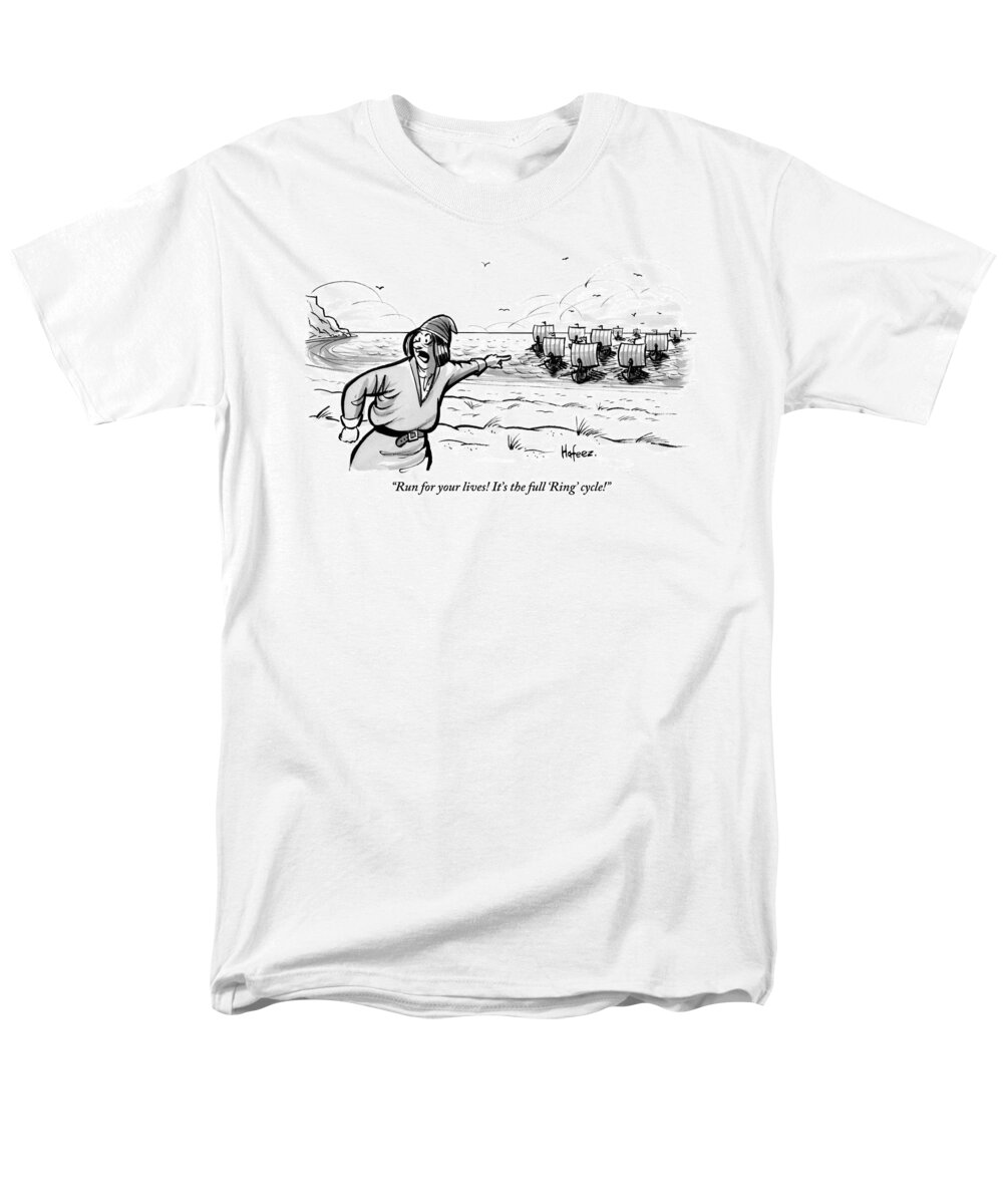 Run For Your Lives! It's The Full 'ring' Cycle!! Men's T-Shirt (Regular Fit) featuring the drawing Man Standing On The Beach Screams As A Fleet by Kaamran Hafeez