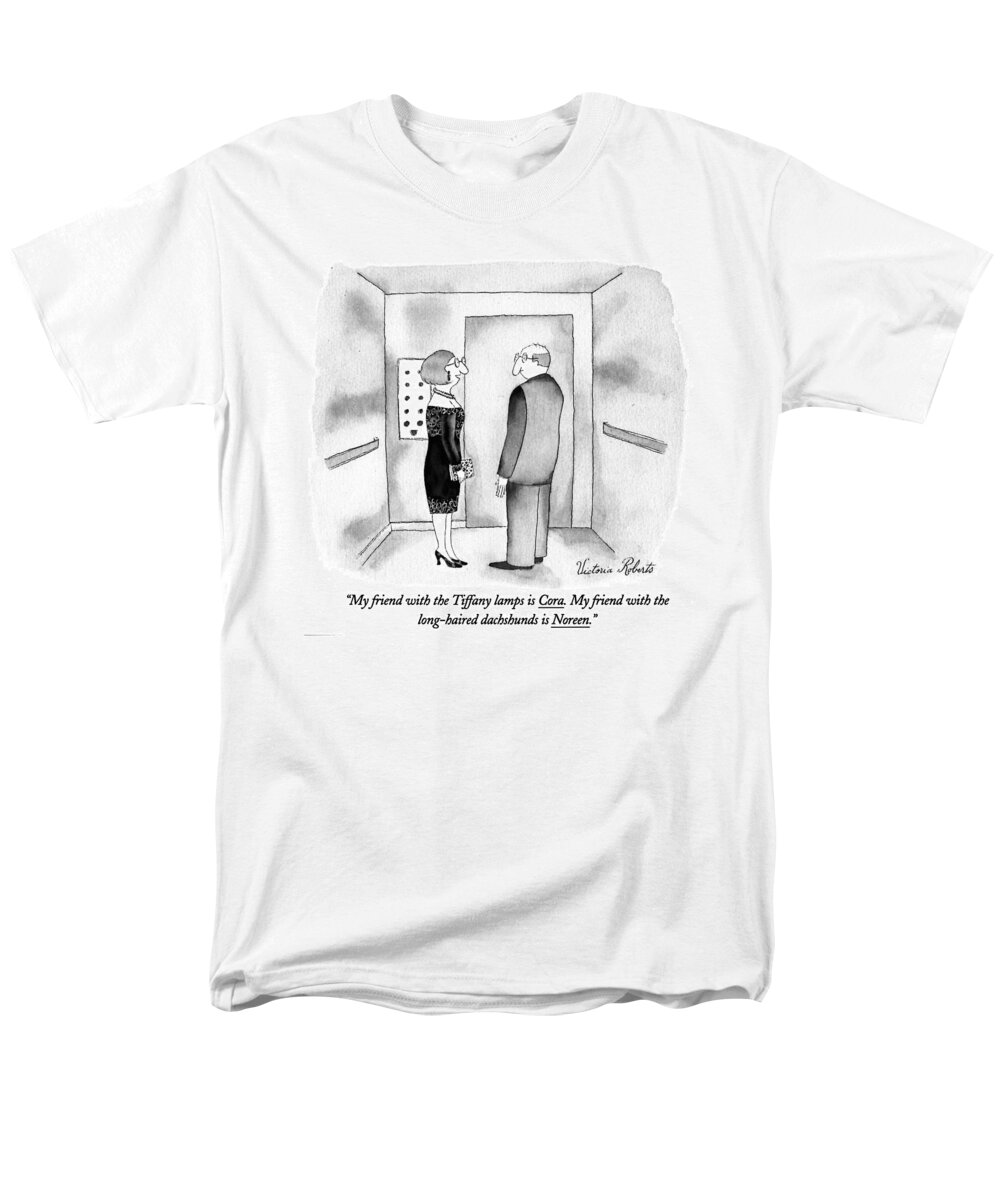 
(woman Talking To Man In Elevator)
Relationships Men's T-Shirt (Regular Fit) featuring the drawing My Friend With The Tiffany Lamps Is Cora by Victoria Roberts