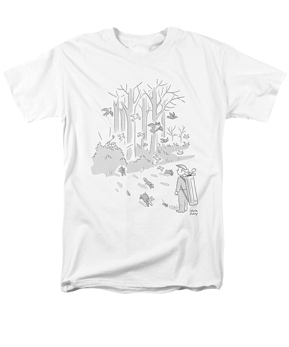 (caddy Watches Birds And Animals Scampering Out Of Forest As Golfer Swings His Club In The Woods.) Golf Men's T-Shirt (Regular Fit) featuring the drawing New Yorker April 10th, 1954 by Chon Day