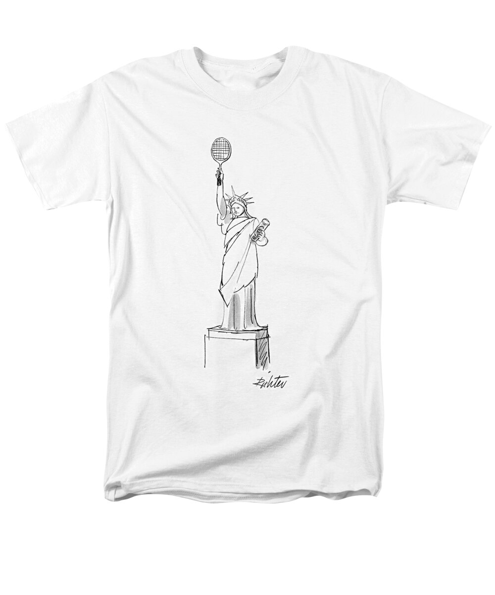 (statue Of Liberty Holds A Tennis Racket And A Can Of Balls.) Regional New York Statue Of Liberty Sport Artkey 44921 Men's T-Shirt (Regular Fit) featuring the drawing New Yorker August 8th, 1977 by Mischa Richter