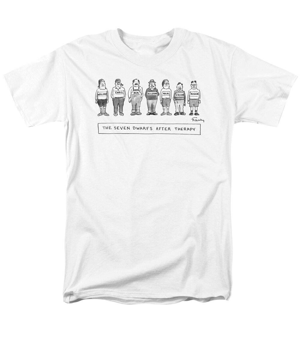 The Seven Dwarfs After Therapy.
(all Seven Stand In A Row Looking Very Norms With Their Real Names Across Their Chests Men's T-Shirt (Regular Fit) featuring the drawing New Yorker October 7th, 1991 by Mike Twohy