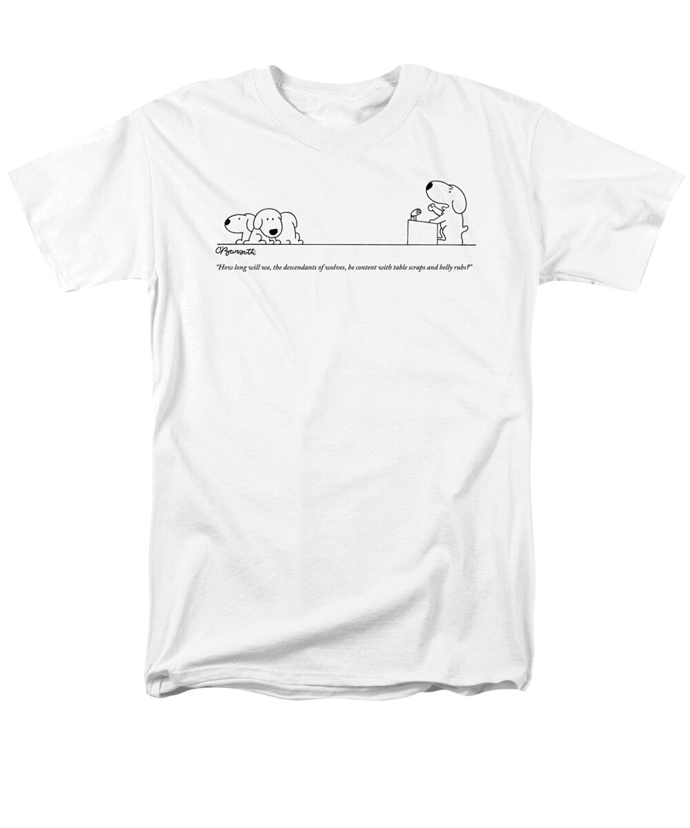 Dogs-puppies Men's T-Shirt (Regular Fit) featuring the drawing One Dog Speaks On A Podium To Several by Charles Barsotti