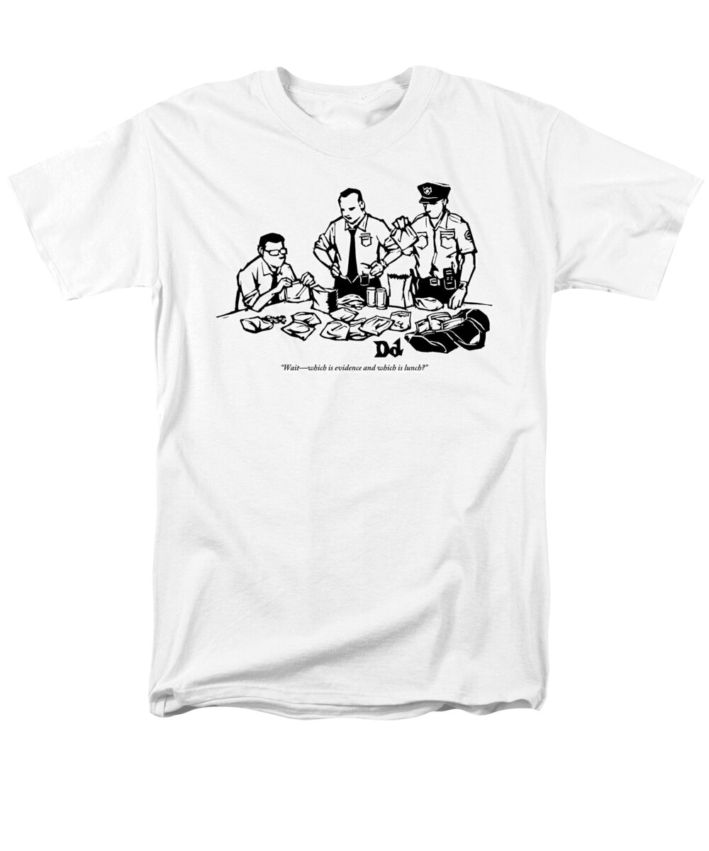 Cops Men's T-Shirt (Regular Fit) featuring the drawing Police Detectives Search Through A Table by Drew Dernavich