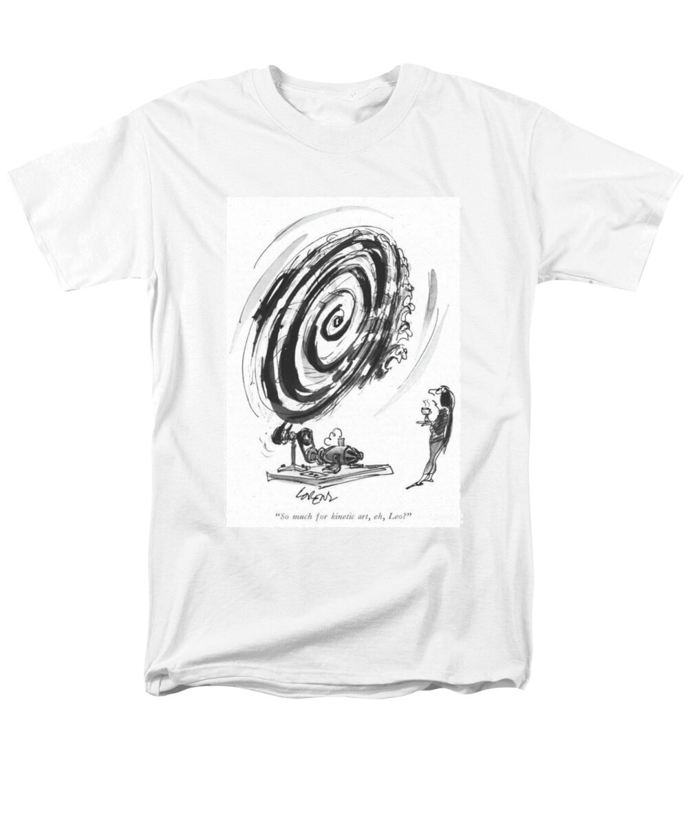 82639 Llo Lee Lorenz (artist's Wife Stands Casually Drinking Coffee And Watching Her Husband Men's T-Shirt (Regular Fit) featuring the drawing So Much For Kinetic Art by Lee Lorenz