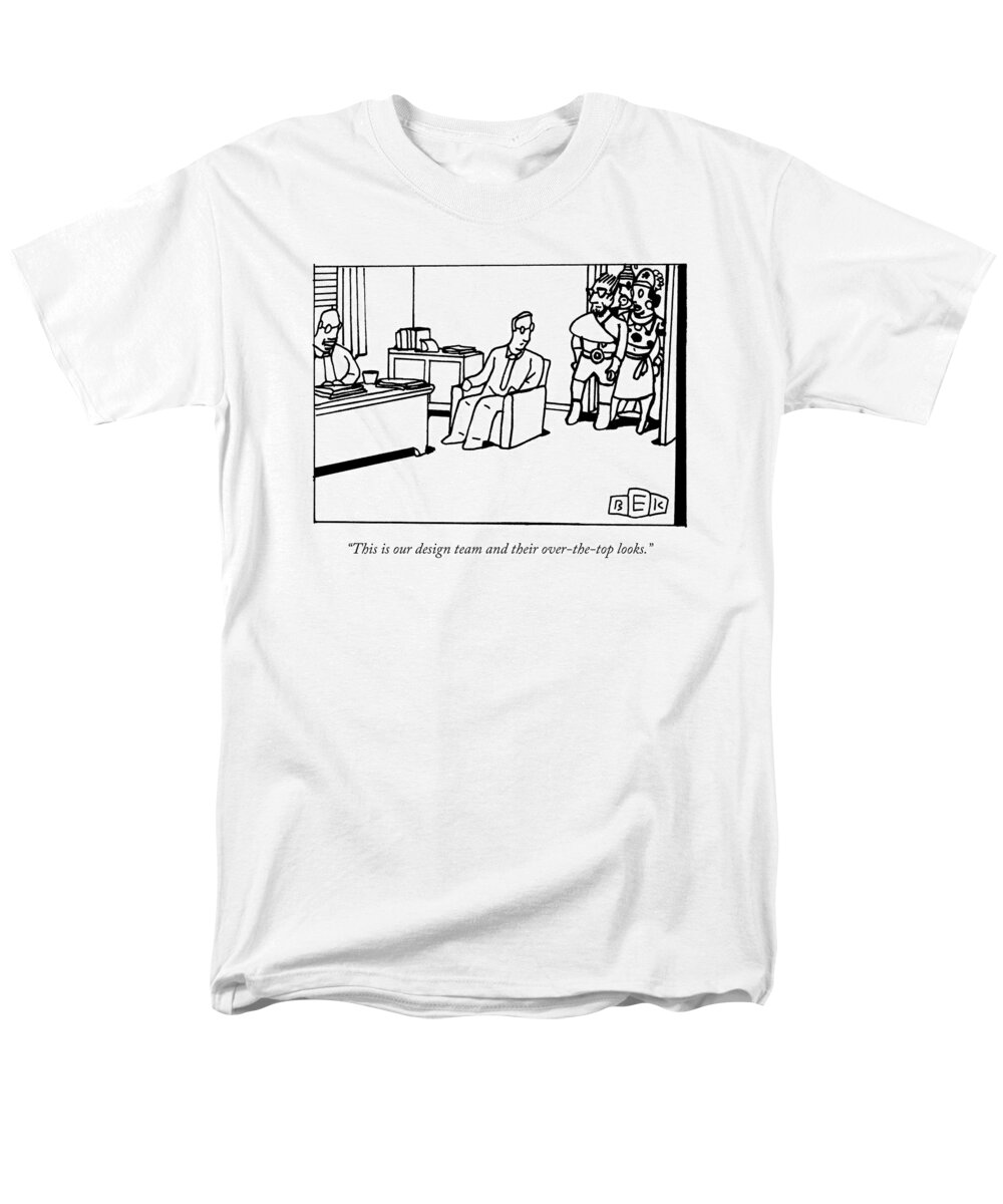 Tacky Men's T-Shirt (Regular Fit) featuring the drawing Two Business Men Watch As Three Elaborately by Bruce Eric Kaplan