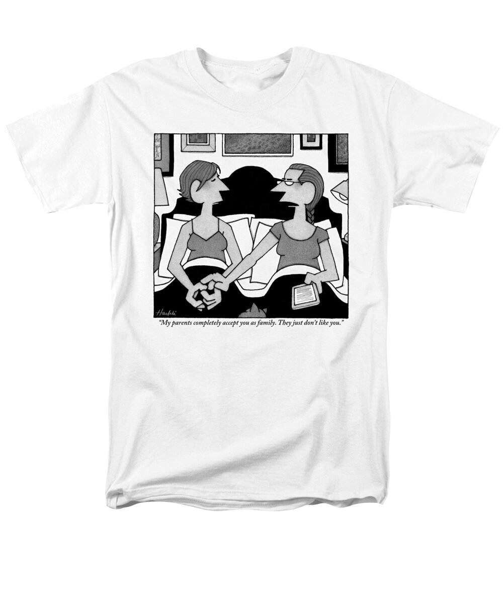 Gays (homosexuals) Men's T-Shirt (Regular Fit) featuring the drawing Two Gay Women Talk In Bed by William Haefeli