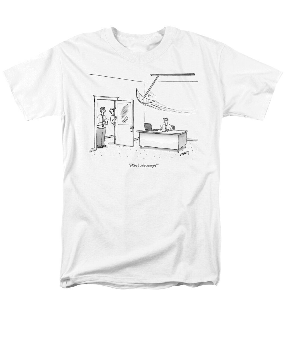 Office Men's T-Shirt (Regular Fit) featuring the drawing Two Men Look In On A Man Working In His Office by Tom Cheney