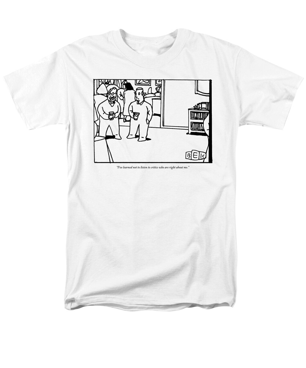 Critics Men's T-Shirt (Regular Fit) featuring the drawing Two Men Speaking On Left Side Of Frame. They're by Bruce Eric Kaplan