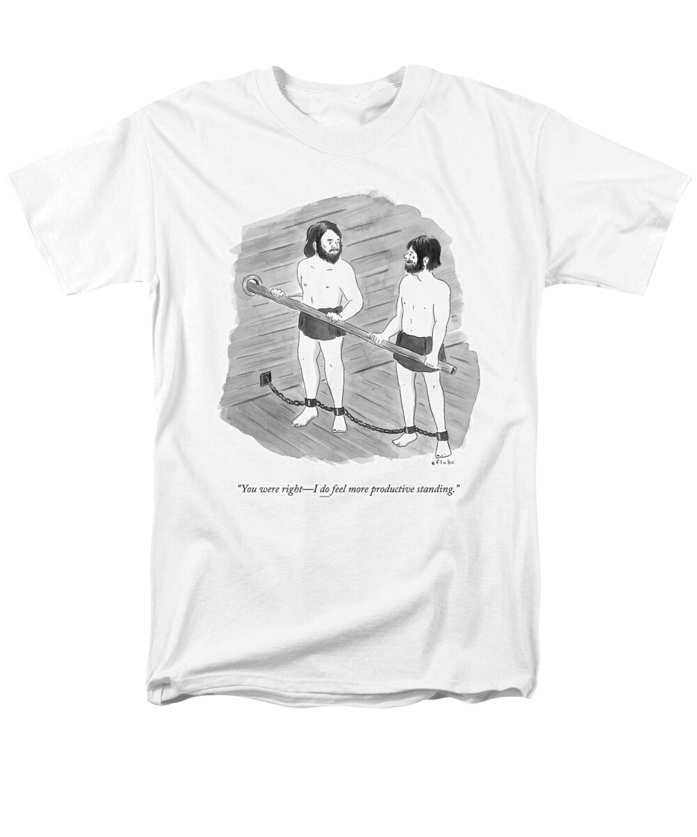 Slave Ship Men's T-Shirt (Regular Fit) featuring the drawing Two Prisoners On A Slave Ship Stand And Hold An by Emily Flake