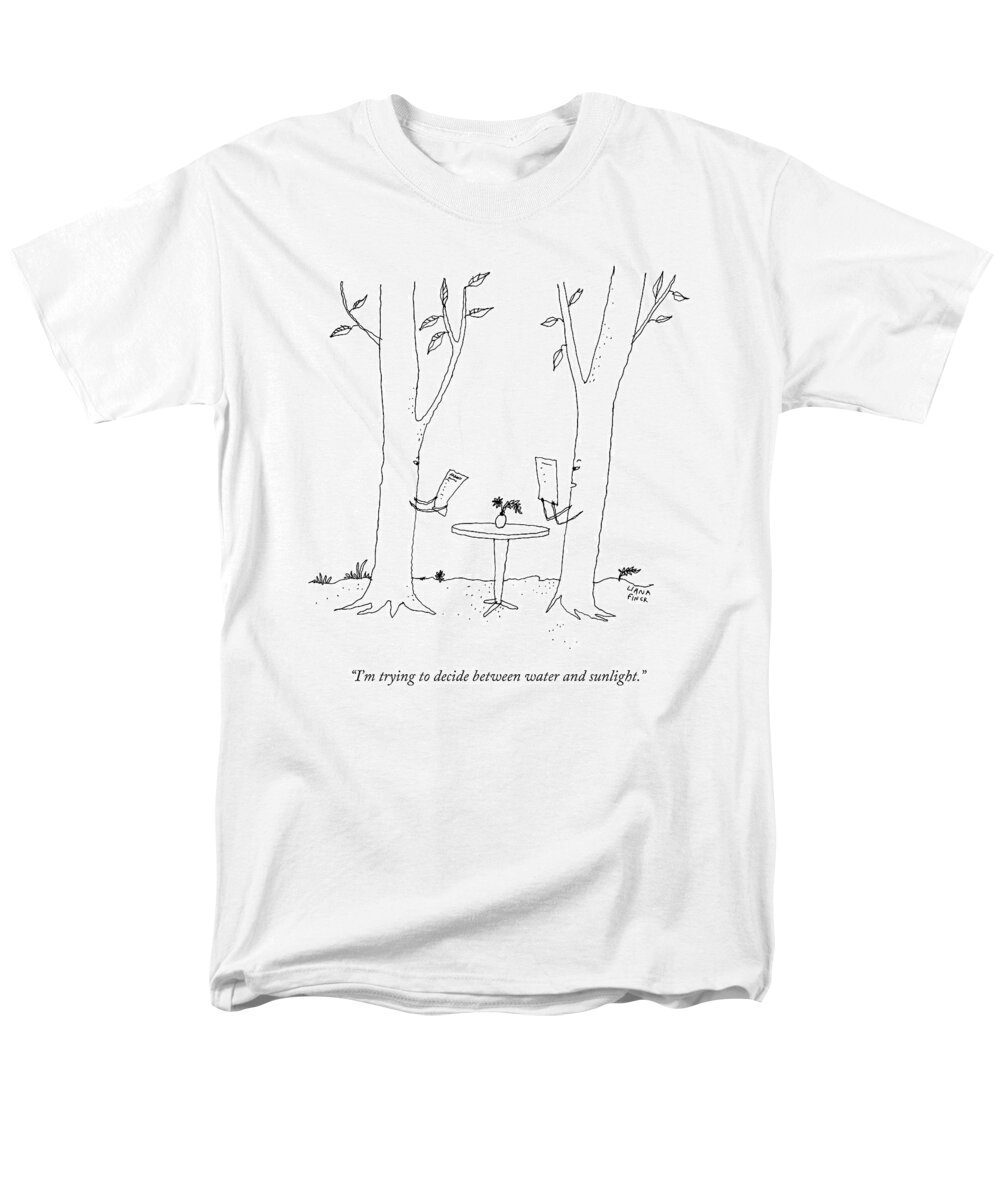 Trees Men's T-Shirt (Regular Fit) featuring the drawing Two Trees Look At Restaurant Menus by Liana Finck