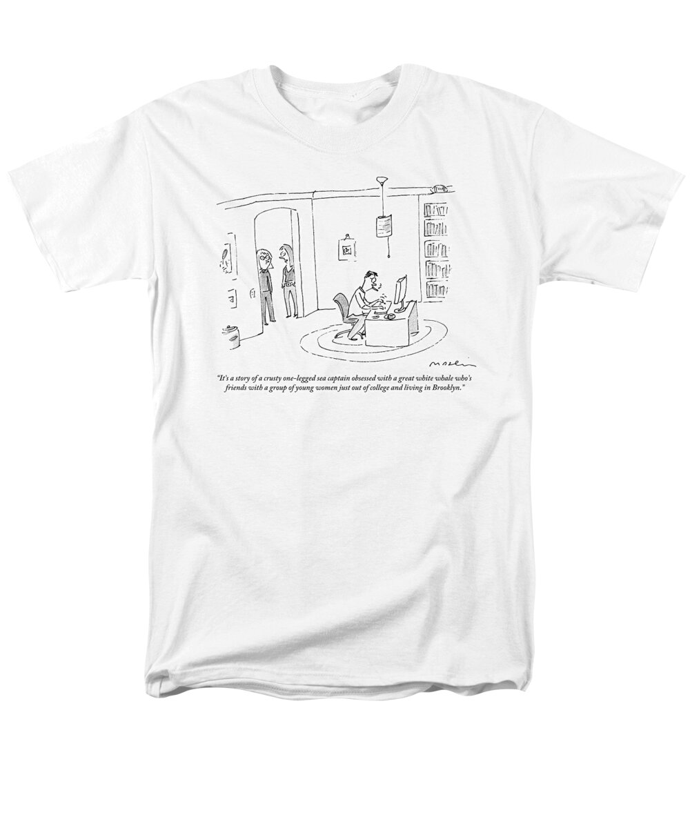 Writers Men's T-Shirt (Regular Fit) featuring the drawing Two Women In A Doorway Talk As A Man Writes by Michael Maslin